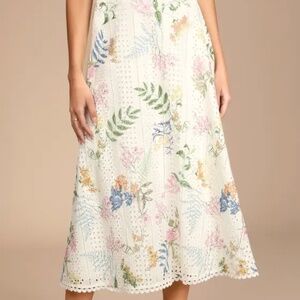 Lulus Sweet At Heart White Floral Embroidered Midi Skirt, Size Small